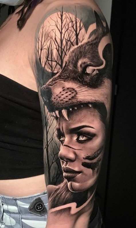 Valkyrie Norse, Wolf Girl Tattoos, Native American Tattoo Designs, Indian Tattoo Design, Headdress Tattoo, Native American Tattoo, Wolf Tattoo Sleeve, Native American Tattoos, Native Tattoos