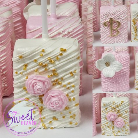 Mothers Day Rice Krispie Treats, Flower Rice Krispie Treats, Baby In Bloom Rice Krispies, Rose Gold Rice Krispie Treats, Baby Shower Rice Krispie Treats, Rice Krispie Treats Decorated, Pink Party Snacks, Baptism Treats, Chocolate Covered Rice Krispie Treats