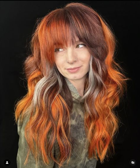 Ash Streaks, Vibrant Highlights, Calico Hair, Color Block Hair, Diy Hair Extensions, Cinnamon Hair, Poofy Hair, Fiery Sunset, Sunset Waves