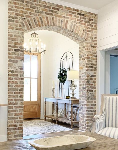 Half Brick Wall, Brick Archway, Interior Brick, Contemporary Cabin, Louisiana Homes, Brick Interior, Mediterranean Style Home, Brick Decor, Faux Brick Walls