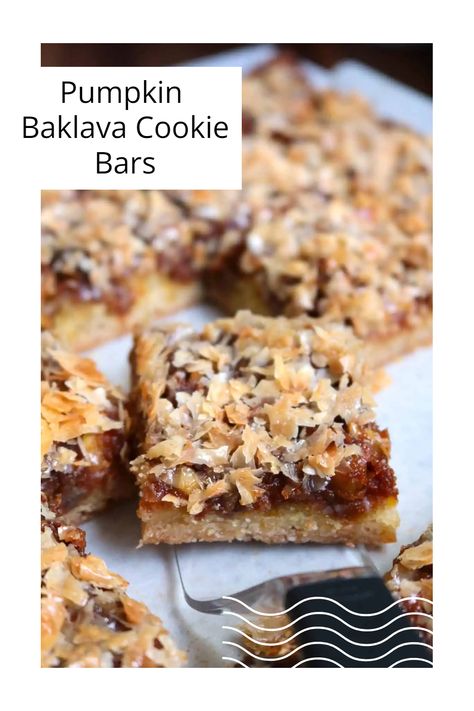 Pumpkin Baklava Cookie Bars offer the crispy texture of baklava with fall flavors on to of a sugar cookie base. Easier to make and just as delicious! #thespiffycookie #pumpkin #baklava #sugarcookie #cookiebars #falldessert #fallbaking Baklava Blondies, Baklava Cookie Bars, Paleo Baklava, Baklava Blondies Girl Meets Farm, Deconstructed Baklava, Pumpkin Appetizers, Heavenly Dessert Recipe, Making Peanut Butter, Sugar Cookie Mix