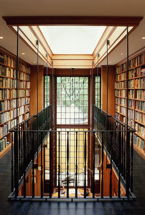 Library With Mezzanine, Wrap Around Library, Double Height Library, Two Story Library Home, Library Mezzanine, Library Balcony, Georgian Library, Shaker Architecture, Two Story Library