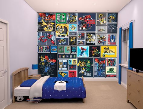 This 8ft x 10ft bedroom montage mural shows our heroes in a number of action shots and photo scenes. Click here to view. Boys Room Mural, Green Bedroom Furniture, Transformers Robots In Disguise, Bedroom Wallpaper Murals, Kids Bedroom Wallpaper, Robots In Disguise, Transformers Robots, Boy Bedroom Design, Bedroom Pictures