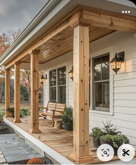 Home Side Entrance Ideas, White And Natural Wood Exterior, Wood Beams Front Porch Farmhouse, Front Porch Post Stain Colors, Stained Posts On Front Porch, Wooden Beam Porch, Cypress Posts Front Porch, Porch Trim Ideas, Front Porch Post Ideas Columns