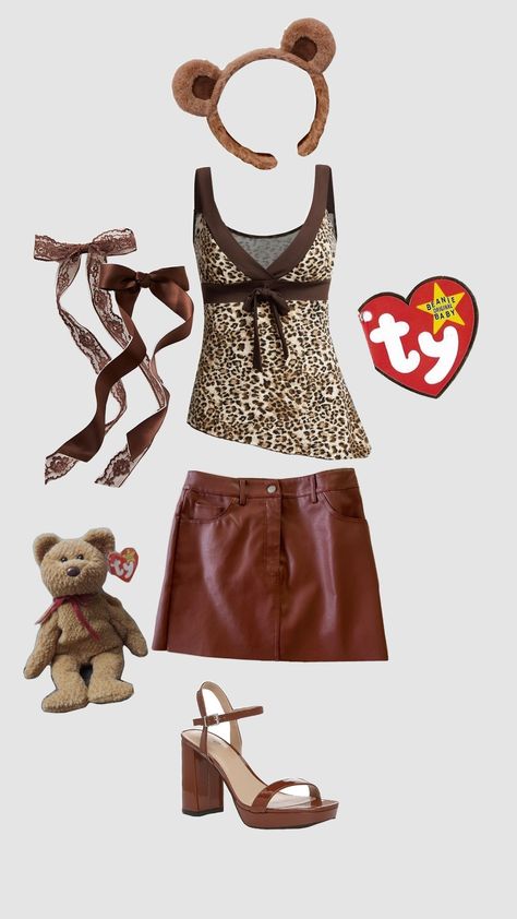 beanie bear halloween costume inspo Beanie Bear Costume, Bear Costume Womens Diy, Beanie Baby Costume College, Cute Bear Halloween Costumes, Halloween Costumes Y2k Grunge, Beanie Baby Halloween Costume Women, Ty Teddy Bear Costume, Halloween Costumes With Brown Dress, Beanie Baby Costume Women