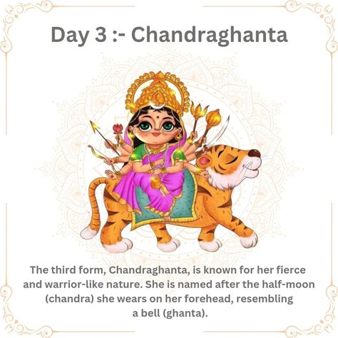 Navratri Day 3 :- Maa Chandraghanta Known for her fierce form, she rides a tiger and wears a half-moon on her forehead. She represents bravery and helps devotees overcome challenges. #navratri #navratrispecial #shailputri #day3 #challenge #day3challenge #nineoutfits #ninenights #garbanight #garbaoutfit Maa Chandraghanta, Garba Outfit, Navratri Special, A Tiger, Half Moon, Moon, How To Wear, Quick Saves