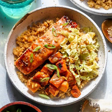 Sheet Pan Miso-Ginger Salmon and Butternut Squash Dishing Out Health, Ginger Salmon, Salmon Rice Bowl, Roast Fish, Frozen Salmon, Crusted Salmon, Recipe Sheets, Ginger Sauce, Salmon And Rice