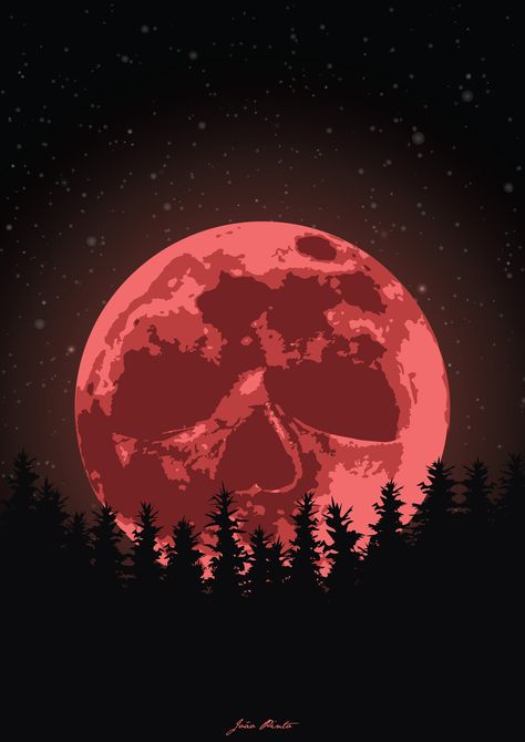 #moon #bloodmoon #forest #nightsky #sky #stars #redmoon #skullmoon #skull #art #artwork #illustration #design Skull Moon Art, Blood Moon Tattoo, Red Moon Tattoo, Loving Aesthetic, Band Collage, Moon Skull, Scenic Painting, Spooky Moon, Skull Moon