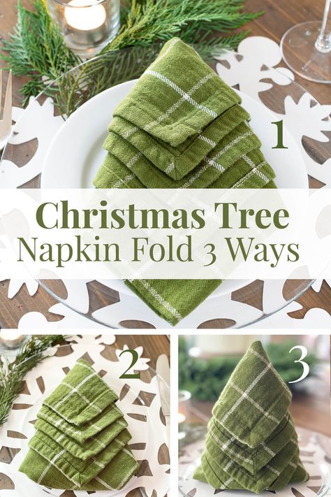 Christmas Tree Napkins Fold, Tree Napkin Fold, Christmas Tree Napkin Fold, Napkin Christmas, Christmas Dinner Table Settings, Christmas Napkin Folding, Christmas Tree Napkin, Christmas Decor Ideas For Bedroom, Fancy Napkin Folding