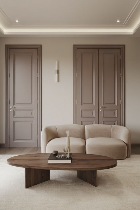 45 Interior Door Color Ideas You’ll Want To See Modern House Paint Interior Wall Colors Sherwin Williams, Beige Trim And Doors Interior, White Walls Brown Doors, Taupe Walls And Trim, Painted Brown Interior Doors, Taupe Trim And Doors Interior, Sage Doors Interior, Celling Colour Combinations, Contrasting Trim Paint Wall Colors