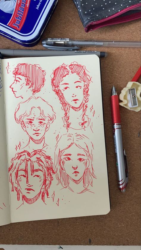 Sketch Faces Simple, Sketches People Face, Sketchbook Faces Sketches, Pen Sketches People, Sketchbook People Drawings, Colour Pen Sketches, Freckles Drawing Reference, Red Pencil Sketch, Sketchbook Ideas Pen