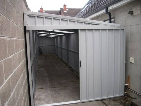 A Lean-to Shed is a steel shed that is attached to an exisiting structure. Lean-to Sheds can be fixed to any solid structure or building for storage. Motorcycle Storage Shed, Shed Makeover, Carport Plans, Yard Sheds, Outdoor Renovation, Lean To Shed, Steel Sheds, Outside Storage, Lean To