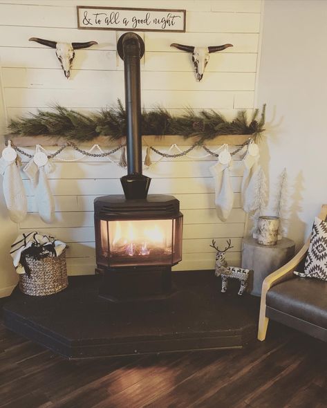 Mantle With Wood Stove, Pellet Stove Mantle Ideas, Fake Stove Fireplace, Southwestern Mantle Decor, Mantle Around Wood Stove, Mantle Over Wood Stove, Wood Stove Surround Farmhouse Panel, Wood Stove Styling, Wood Stove Mantel Ideas