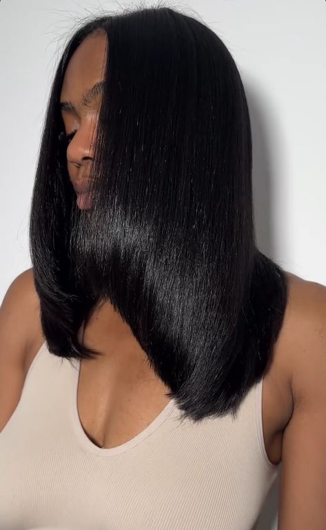 Black Silk Press Natural Hair, Jet Black Hair Black Women Natural, Bump Ends Hairstyle Black, Silk Press Shoulder Length Hair, Jet Black Silk Press, Black Hair Silk Press, Shoulder Length Silk Press Natural Hair, Straight Natural Hair Black Women, Color Ideas For Black Women