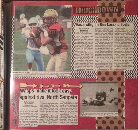 Senior scrapbook. Sports scrapbook. Scrapbook with newspaper clippings. Football scrapbook. Layouts. Scrapbook ideas. Senior Scrapbook Ideas, Football Scrapbook, Sport Crafts, Senior Year Scrapbook, Beginner Scrapbooking, Scrapbooking Sports, School Scrapbook Layouts, Football Books, Senior Football