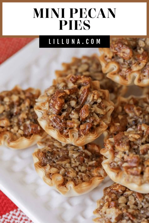 Mini pecan pies are everyone's favorite pecan pie baked in mini form! They are sweet, bite-sized, crunchy, and delicious. #minipecanpies #pecanpies #minipies #pecanpierecipe #thanksgiving Mini Pecan Pie Tarts Recipe, Mini Pecan Pies In Phyllo, Pecan Pie Tarts Mini Phyllo, Homemade Mini Pies, Mini Pecan Pies In A Muffin Tin Easy, Pecan Mini Pies, Pecan Pie Tartlets, Puff Pastry Pecan Pie Bites, Thanksgiving Mini Pies