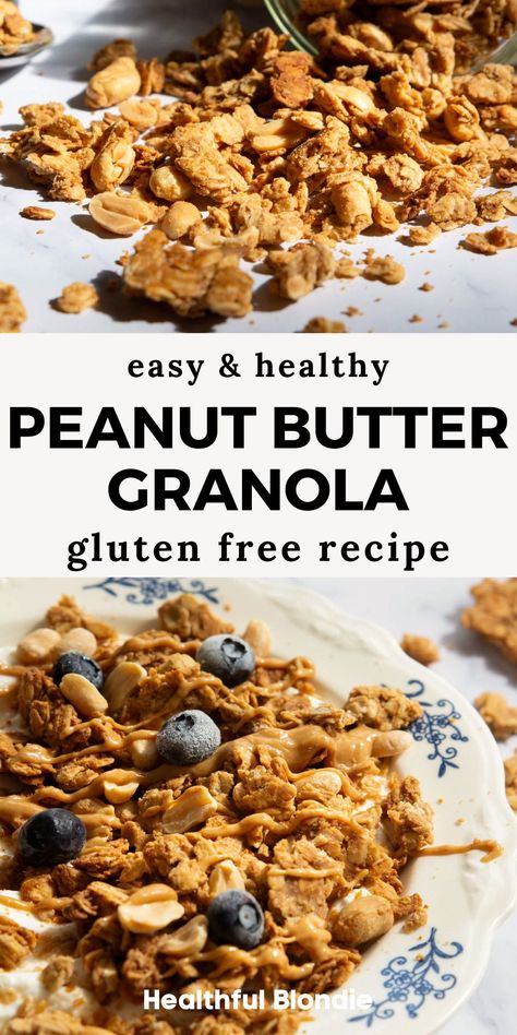 This is seriously the best quick and healthy homemade granola with peanut butter! It’s chunky, naturally sweetened with maple syrup, and made without oil. An easy refined sugar-free, vegan meal prep snack or gluten free breakfast. Comes together in under 30 minutes! Unsweetened Granola Recipe, Homemade Sugar Free Granola, Healthy Peanut Butter Granola, Peanut Butter Granola Recipe, Gluten Free Granola Recipe, Sugar Free Granola, Easy Homemade Granola, Homemade Granola Healthy, Granola Recipe Healthy