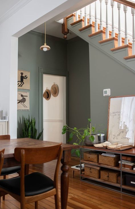 Green Painted Walls, Mid Century Dining Room, Painted Wood Floors, Dining Room Paint, Wood Dining Room, Wall Opening, Dark Wood Floors, Form And Function, Highland Homes