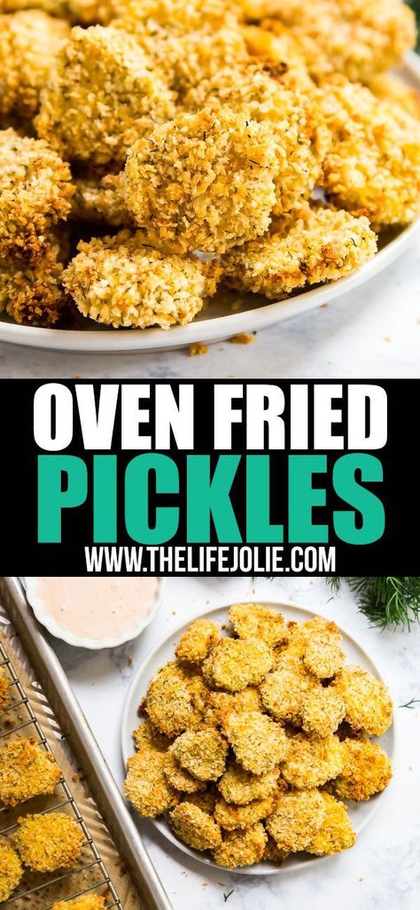 Oven Fried Pickles are the game day snack that dreams are made of! They're super easy to make with dill pickle chips, panic breadcrumbs, eggs and a BBQ Ranch dip, baked to be perfectly crispy and seriously easy to make! via @thelifejolie #recipes #dinner #menu #recipe #meals #holiday Oven Fried Pickles, Easy Fried Pickles, Fried Pickle Chips, Baked Pickles, Fried Pickles Recipe, Dill Pickle Chips, Healthy Superbowl Snacks, Pickles Recipe, Pickle Chips