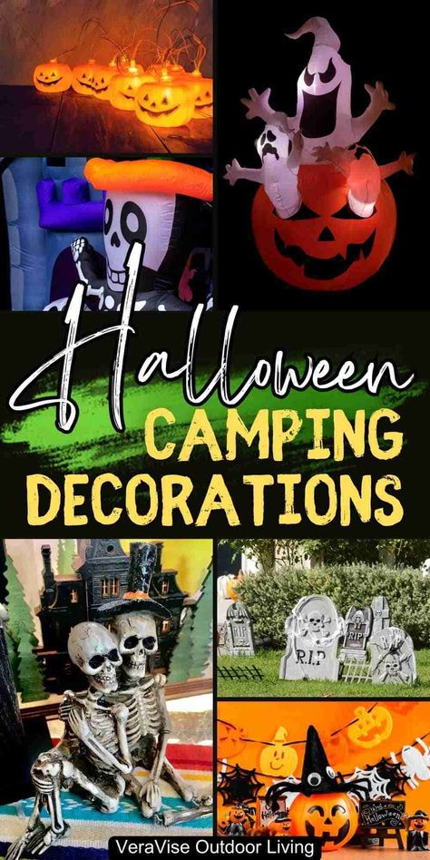 Campers Decorated For Halloween, Halloween Decor For Campsite, Halloween At The Campground, Halloween Decorated Campsites, Halloween Decorations Camping, Camp Site Halloween Decorations, Rv Halloween Decorating Ideas Outside, Halloween Decorations For Campsite, Trailer Halloween Decorations