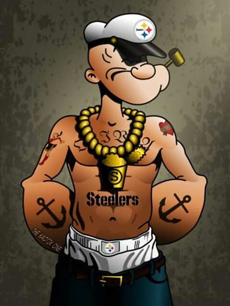 Popeye/Pittsburgh Steelers Popayee Cartoon, Popeye Tattoo, Steelers Images, Pittsburgh Steelers Funny, Popeye Cartoon, Popeye And Olive, Old Cartoon Characters, Popeye The Sailor Man, Pittsburgh Steelers Logo