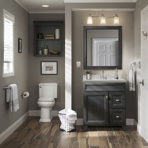 Wood Tile Bathroom, Bathroom Wood, Bathroom Vanities Without Tops, Half Bathrooms, Grey Bathroom Vanity, Basement Makeover, Bathroom Vanity Base, Classic Bathroom, Trendy Bathroom