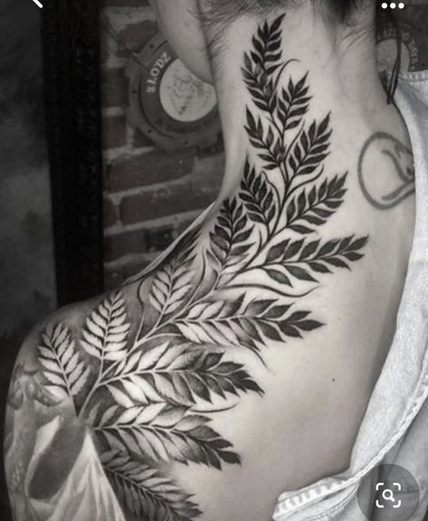 Tree Throat Tattoo, Fern Leaf Tattoo Shoulder, Fern Tattoo On Back, Woman’s Hip Tattoo, Back Of Neck And Shoulder Tattoo, Blackwork Plant Tattoo, Fern Neck Tattoo, Fern Sleeve Tattoo, Fern Tattoo Back