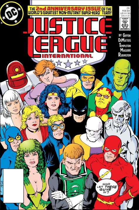 Cover to "Justice League International" #24, Kevin Maguire, 1989 Justice League International, Justice League Comics, Dc World, Justice League Of America, International Books, Dc Comic Books, Classic Comics, Digital Comic, Comic Book Covers