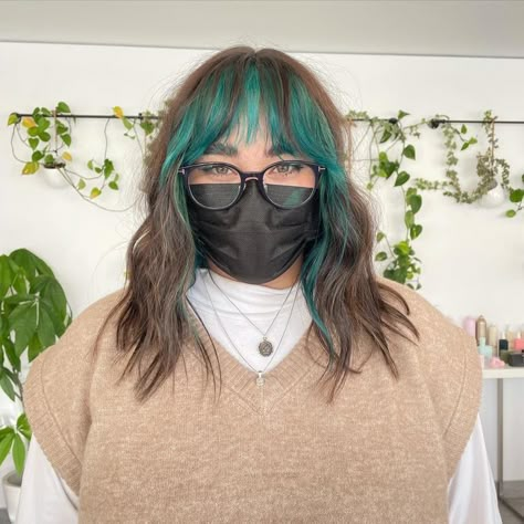 Color Bangs Only, Dark Brown Hair With Green Peekaboos, Colour Ends Of Hair, Blue Strip In Brown Hair, Color Streaks In Brown Hair Short, Teal Bangs Brown Hair, Teal Color Block Hair, Dip Dyed Bangs, Colour Block Bangs Hair