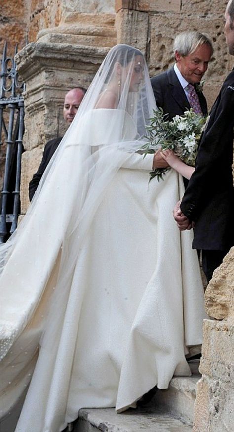 Lady Charlotte Wellesley's Stunning Off-The-Shoulder A-Line Bridal Gown With Watteau Train + Embellished Cathedral Length Drop Veil Lady Charlotte Wellesley, Charlotte Wellesley, Veil Over Face, Polka Dot Veil, Watteau Train, Duke Of Wellington, Aquarius Moon, Drop Veil, Moon Girl