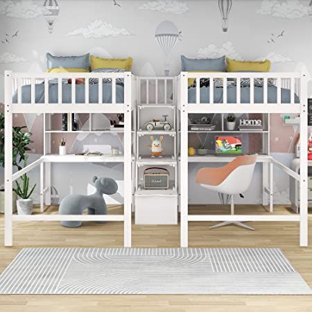 Twin & Twin Size Loft Beds with 2 Desk and Storage Shelves Double Loft Bed Frame with Stairs Corner Twin Beds for 2 Kids Girls Boys Teens, White Corner Twin Beds, Double Loft Beds, Built In Desk And Shelves, Storage Staircase, Shelves And Storage, Wood Loft Bed, Trundle Bed With Storage, Loft Bed Frame, Twin Size Loft Bed