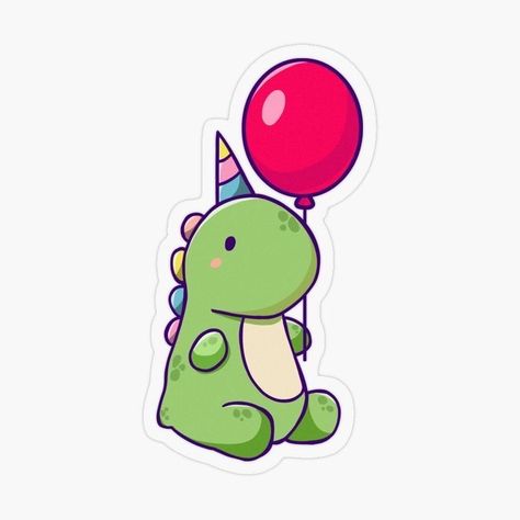 Cartoon Dinosaurs Cute, Dinosaur With Balloon, Dinosaur Cartoon Cute, Birthday Dinosaur Drawing, Cute Stickers For Kids, Cute Dinosaur Stickers, Cartoon Dinosaur Drawing Cute, Cute Dinosaur Illustration, Cute Dino Drawing