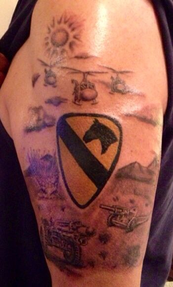 My husband Vietnam Veteran Raul Diaz's 1st Cav  Army Tattoo , 1967-68. TET Offensive Veteran Vietnam Veteran Tattoo, Veteran Tattoo, Pretty Lines, Barbed Wire Tattoos, Father Tattoos, Army Tattoos, Vietnam History, Vietnam Vets, Painting Tattoo