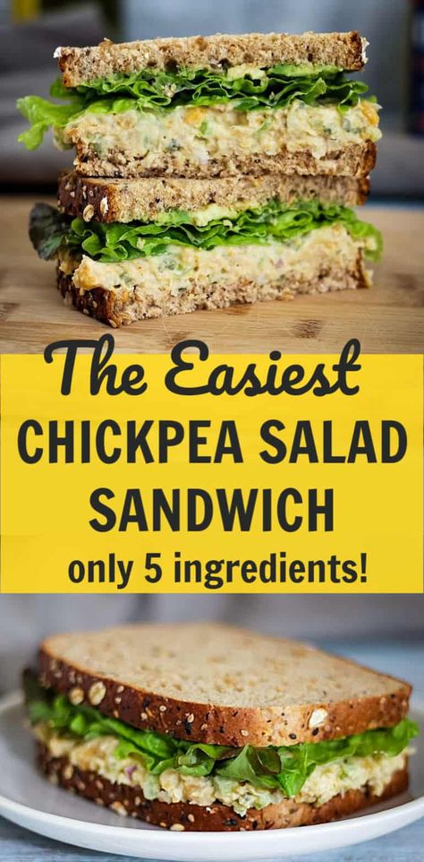 The easiest vegan chickpea salad sandwich recipe ever! Made with only 5 ingredients from the pantry, this mashed chickpea salad comes together in less than 10 minutes. Similar in taste to tuna or chicken salad, yet all plant based and much healthier. Perfect if you're cooking from the pantry, or looking for easy packable vegan lunch recipes for work, school, or travel. #veganlunch #veganrecipes #vegansandwiches #chickpeasalad #vegan #schoollunchideas #worklunchideas Smashed Chickpea Salad, Vegan Chickpea Salad, Smashed Chickpea, Sandwich Vegetarian, Vegetarian Sandwich Recipes, Vegan Sandwich Recipes, Chickpea Salad Sandwich, Resep Salad, Vegan Chickpea