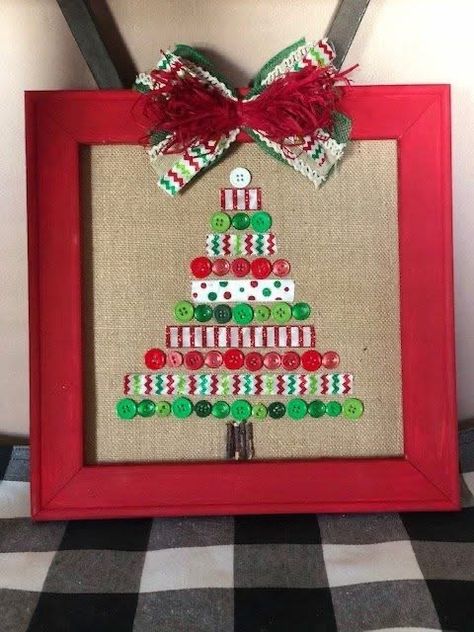 Button And Ribbon Crafts, Button Art Santa, Small Plaques Ideas, Xmas Frames Ideas, Christmas Crafts Using Buttons, Christmas Button Art Projects, Button Christmas Trees, Button Trees Christmas, Christmas Crafts With Buttons