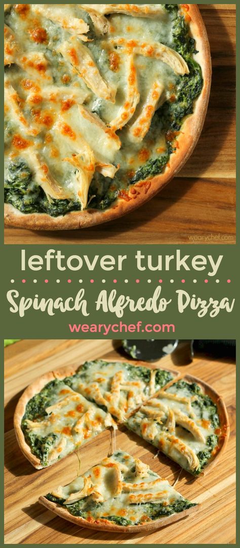 Turn leftover chicken or pizza into a dreamy new dinner with this Spinach Alfredo Pizza recipe! It's ready in under 30 minutes! Spinach Alfredo Pizza Recipe, Spinach Alfredo Pizza, Turkey Alfredo, Alfredo Pizza Recipe, Fun Pizza Recipes, Turkey Spinach, Spinach Alfredo, Alfredo Pizza, New Dinner