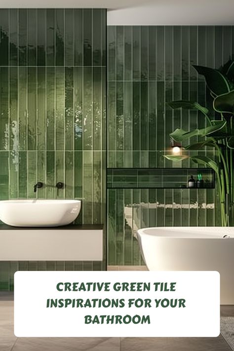 Modern bathroom with green tiled walls and a white freestanding basin, highlighting creative design inspiration. Green Subway Tiles Bathroom, Green Tile Ensuite, White Green And Black Bathroom, Jade Green Bathroom Tiles, Green Wood Bathroom, Dark Green Bathroom Tiles, Green Tiled Bathrooms, Green Tile Ideas, Moss Green Bathroom