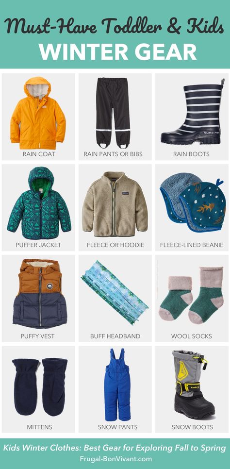 Best Gear and kids winter clothes - for rainy, wet and cold winters or snowy winters. Toddler outdoor gear for boys and girls. Keep it basic and minimal with pops of color. Cold weather essentials like coats, rain pants, boots, hats, gloves, vests. Where to spend and where to go cheap! Rain gear, snow gear, and general cold weather. Plus our favorite outdoor brands for baby, toddlers, and preschoolers/kids. Clothes For Snow Weather, Rain Cold Outfit, Baby Snow Outfit, Toddler Snow Outfit, Kids Winter Outfits Boys, Kids Snow Gear, Kids Winter Clothes, Kids Outdoor Clothes, Inappropriate Clothing