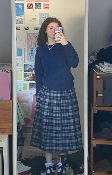 Blue Check Skirt Outfit, Maryjane Shoe Outfits, Plaid Skirt Outfit Grunge, Plaid Skirt Outfit Winter, Blue Plaid Skirt Outfit, Blue Outfits Aesthetic, Long Plaid Skirt Outfit, Recreatable Outfits, Checked Skirt Outfit