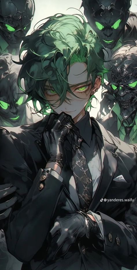 Green Eyed Anime Guy, Green Demon, Green Hair Anime Boy, Anime Man With Green Hair, Green Haired Anime Guy, Anime Boy Green Hair, Green Haired Anime Characters, Anime Green Hair, Black Hair Boy