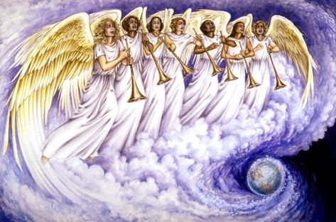 7 Trumpets of the Book of Revelation - 7 Angels given 7 Trumpets Seven Trumpets, Entertaining Angels, Book Of Revelation, Biblical Art, Bible Prophecy, Trumpets, Little Angel, Bible Stories, In Spanish