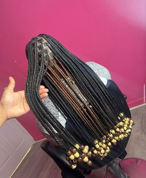 Peekaboo Hair Color Goddess Braids, Small Knotless Box Braids Long With Beads, Peekaboo Braids Beads, Long Medium Knotless Braids With Beads, Extra Long Knotless Braids With Color, Peekaboo With Beads, Knotless Peekaboo Braids With Beads, Brown Knotless Braids With Beads, Peekaboo Knotless Box Braids