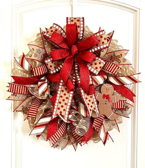 "20\" Red Gingerbread Christmas Wreath, Wreath for Front Door, Red Farmhouse Wreath This beautiful red Christmas wreath is the one you have been searching for - traditional, elegant and well made. This wreath will reflect the beauty of your home for years to come. It is the perfect accent for your beautiful home during the holiday season. What a wonderful way to welcome your guests as they approach your door. Hang it in a special place in your home or on your fireplace. Send this wreath as a lov Gingerbread Wreaths Christmas, Christmas Wresth, Gingerbread Wreaths, Easy Halloween Diy Crafts, Christmas Decor Front Door, Gingerbread Christmas Wreath, Mesh Projects, Christmas Crafts Diy Gifts, Homemade Christmas Wreaths