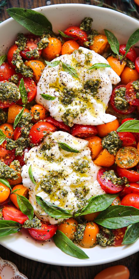 Summer Salad with Cherry Tomatoes, Burrata Cheese, and Basil Pesto - on a white plate. Tomato Salad Burrata, Tomato Pesto Salad, Tomatoes Mozzarella Salad, Burrata Pesto Appetizer, Tomatoe Mozz Basil, Fresh Summer Salad Recipes, Burrata Tomato Salad, Buratta Pesto, Burrata Bar