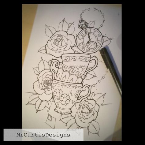 Roses and stacked teacups tattoo design by Matt Curtis. Stack Of Teacups Drawing, Stacked Tea Cups Tattoo, Stack Of Teacups Tattoo, Stacked Teacup Tattoo, Teacups Tattoo, Teacup Tattoo Vintage, Stacked Teacups, Tea Cup Drawing, Teacup Tattoo