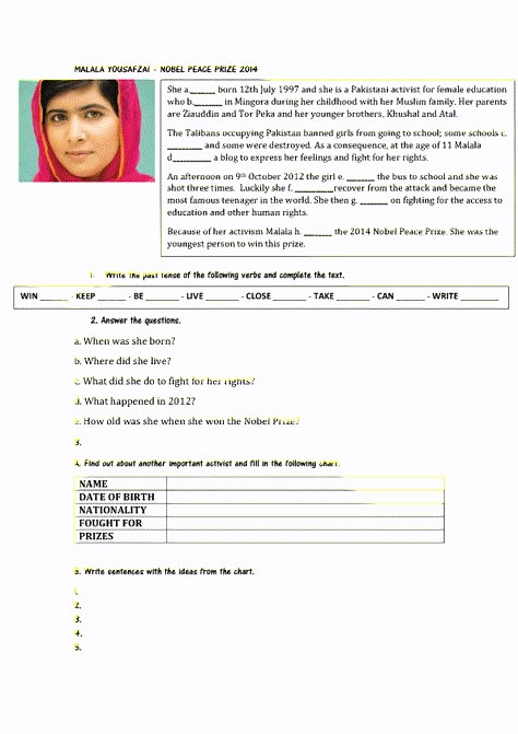 I Am Malala Activities, Coloring Pictures For Kids, Informative Essay, Sequencing Worksheets, Graphing Worksheets, Malala Yousafzai, Reading Comprehension Questions, Nobel Peace Prize, English Grammar Worksheets