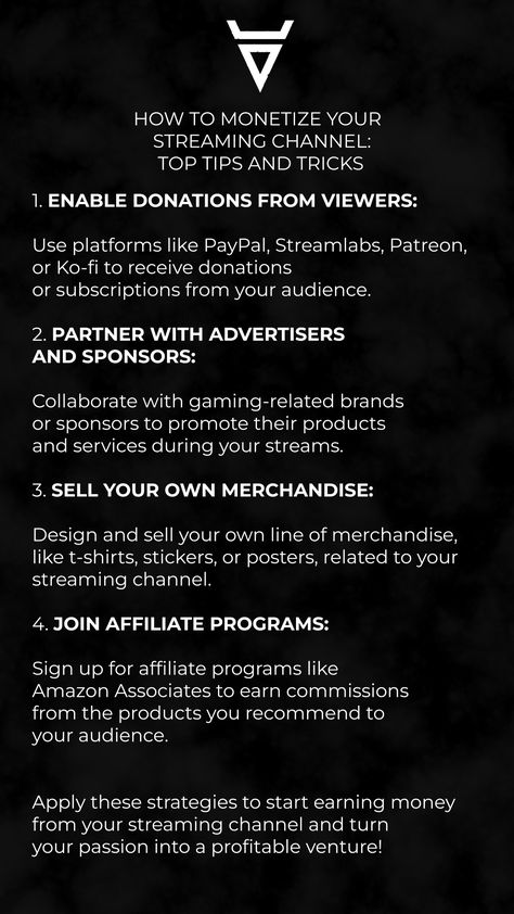 Don't let your streaming passion go unrewarded! Monetize your streaming channel by following these essential tips: Enable donations from viewers, partner with advertisers and sponsors, sell your own merchandise, and join affiliate programs. Apply these strategies to start earning money from your streaming channel and turn your passion into a profitable venture! #StreamingTips #MonetizeYourChannel #TwitchStreamer #GamingIncome Live Streaming Content Ideas, Podcast Merchandise Ideas, Starting A Twitch Channel, How To Start Streaming, Cat Vtuber, Twitch Tips, Stream Elements, Streaming Tips, Stream Setup