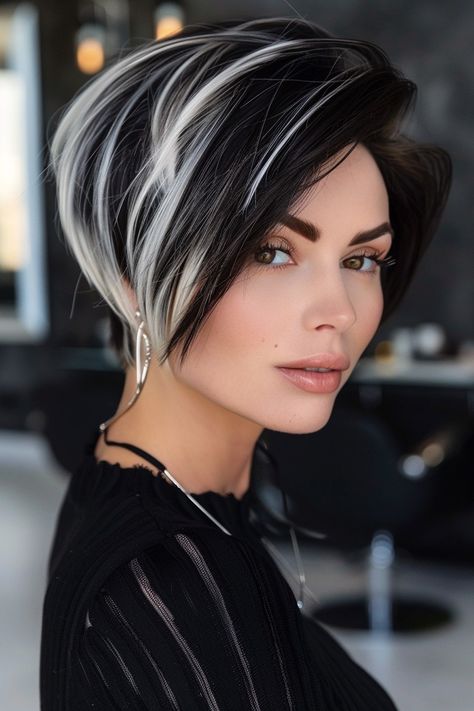 Short Edgy Hairstyles Pixies, Mom Pixie Haircut, Black And White Hair Color, Short Angled Bob Haircut, Bixie Colour Haircut 2024, Black And Gray Hair, Hair Recipes, Black And White Hair, Edgy Short Haircuts