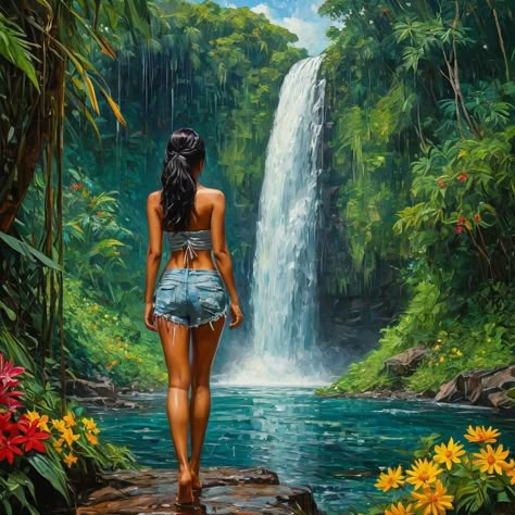 Hawaiian Dancers, Waterfall Pictures, Indian Women Painting, People Drawing, Hawaiian Art, Polynesian Culture, Realism Painting, Landscape Art Painting, Art Gallery Wallpaper