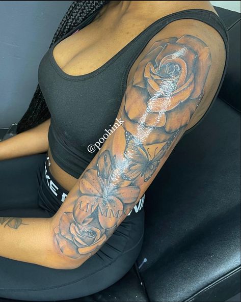 Girl Half Sleeve Tattoo Black Women, Tattos For Black Girls Idea, Girl Arm Tattoo Ideas Black People, Girl Tattoo Ideas Arm, Girl Tattoo Ideas Black People, Black Girls Tattoos Ideas, Tattoos On Black Girls, Tattoos Ideas Black Women, Girls Sleeve Tattoo Ideas Black Women